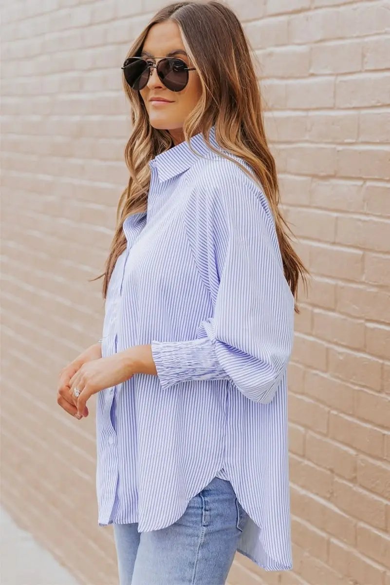 Sky Blue Smocked Cuffed Striped Boyfriend Shirt with Pocket - Love Salve